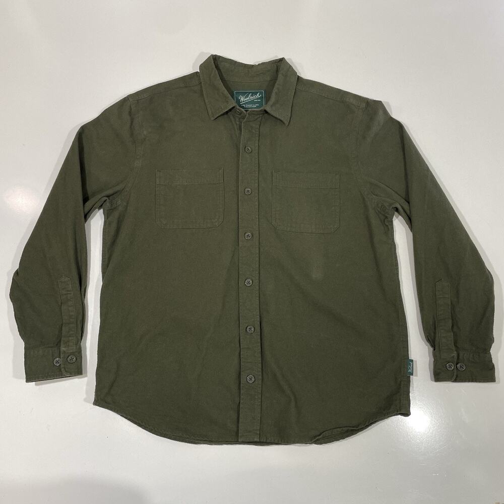 Woolrich Chamois Cloth Shirt Mens Large Olive Green Long Sleeve Button Up Hiking